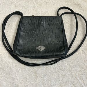 Harley Davidson Black Leather Small Shoulder Bag. Embossed Flame Design.